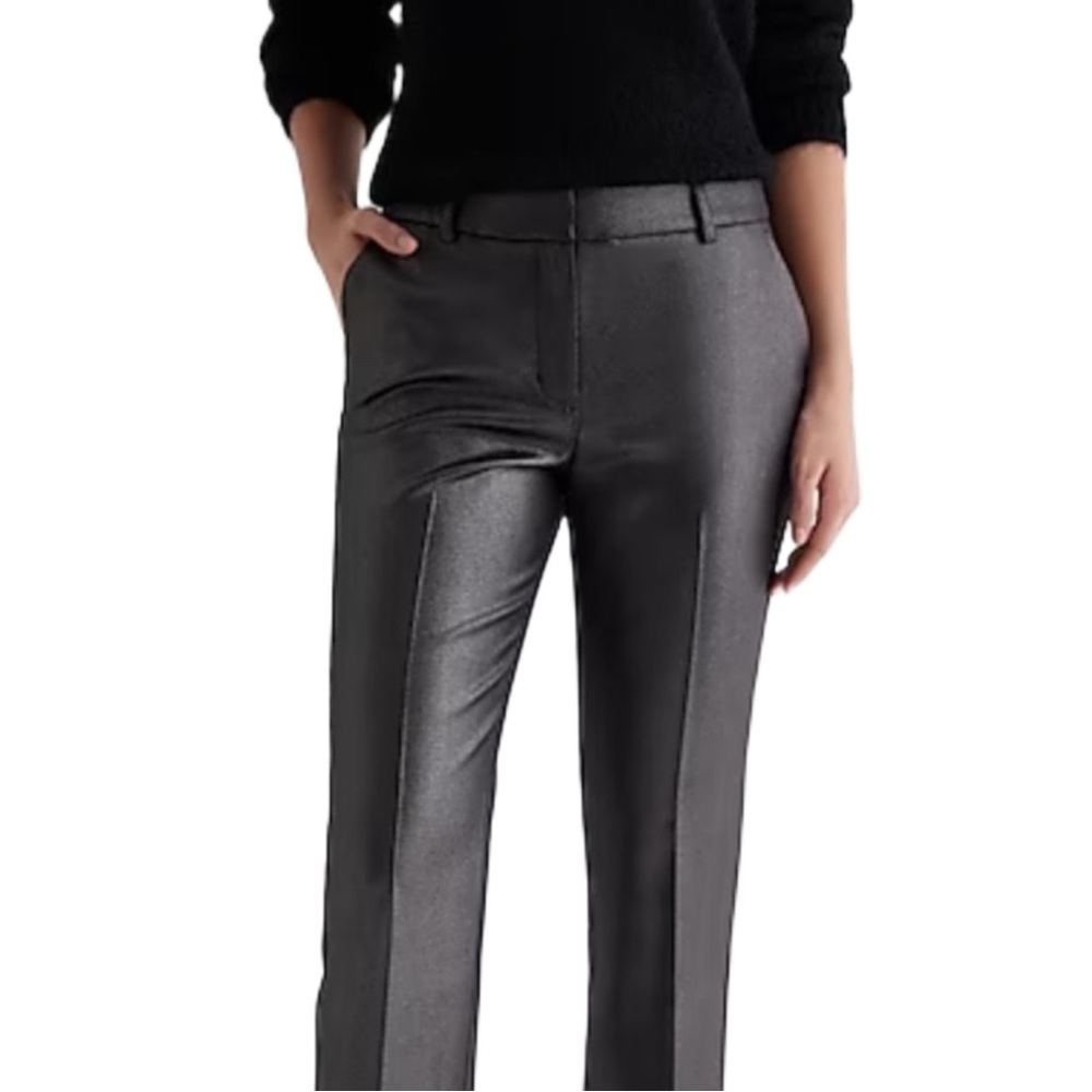 Express Editor Sleek Black Silver Metallic Mid Rise Trousers Pants